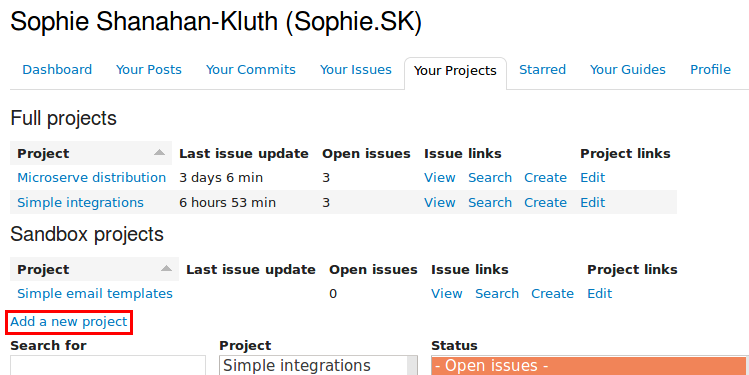 Screenshot of the project dashboard, with the "add new project" link highlighted